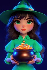 Sticker - Cute Cartoon Witch Holding a Pot of Gold