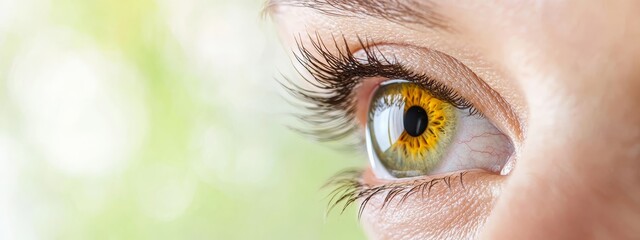 Sticker -  A tight shot of an eye with a vivid yellow iris against a green-white blurred background