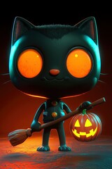 Poster - Cute Black Cat Holding a Jack-o-Lantern and Broom