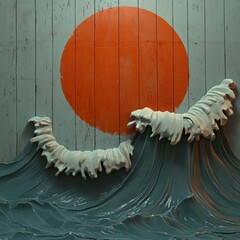 Wall Mural - Abstract Ocean Wave with Red Circle on Wooden Background