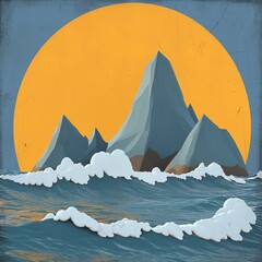 Wall Mural - Abstract Mountain Landscape with Ocean Waves and Yellow Sun