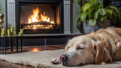 Sticker - dog  in front of an evening fireplace