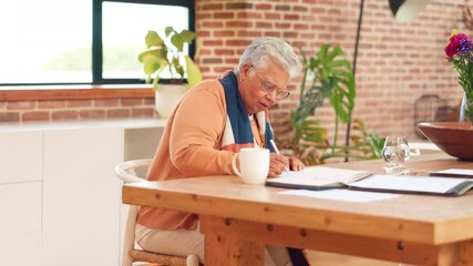 Poster - Home, budget and old woman with glasses, paperwork and financial planning for retirement policy. Contract, notes and senior person in kitchen for mortgage application, pension or insurance documents