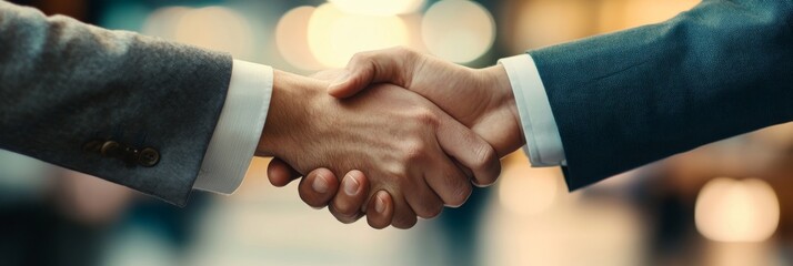 Wall Mural - Two business professionals shake hands, establishing a connection in a well-lit conference room, highlighting a moment of collaboration and agreement