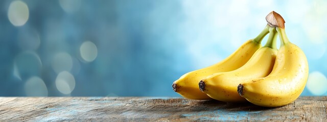 Wall Mural -  Three bananas atop a wooden table against a backdrop of blue and light blue