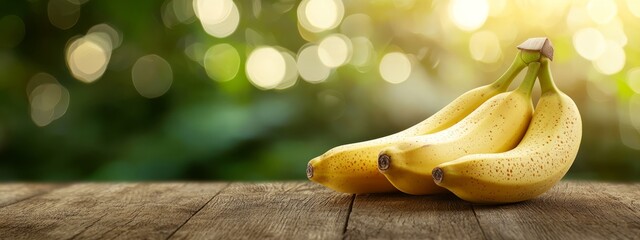 Poster -  A bunch of ripe bananas sits on a wooden table, framed by a green pool of light behind