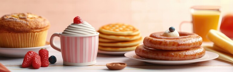 3D rendering of a breakfast set featuring sausages a muffin pancakes and coffee