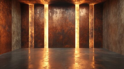 Poster - 3D rendering of an empty abstract room interior featuring rusted metal sheets and an illuminated architectural background