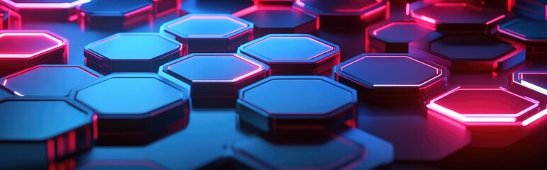Poster - Futuristic hexagonal background with neon lighting in 3D rendering