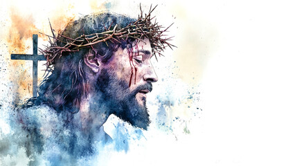 The artwork depicts Jesus in profile with a crown of thorns, evoking themes of sacrifice and redemption against a soft, abstract backdrop