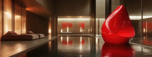 Poster - Abstract minimalist interior featuring a red sculpture and water created through 3D rendering set against a night backdrop Architectural visualization
