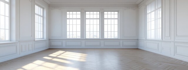Poster - Empty room with white walls windows and parquet flooring in 3D rendering