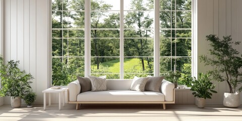 Poster - Scandinavian interior design featuring a sofa in a white room with a green landscape visible through the window presented in a 3D rendering