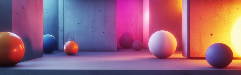 Poster - 3D rendering of an abstract architectural interior featuring smooth concrete surfaces and an array of spheres illuminated by vibrant neon color gradients