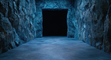 Canvas Print - Mysterious dark cave entrance in icy blue rock walls