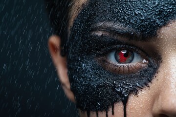 Poster - Dramatic close-up of a person's eye with red iris and wet, dark makeup