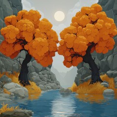 Wall Mural - Autumnal Trees Framing a Serene River