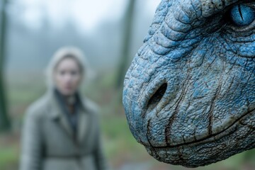 Canvas Print - Close-up of a blue reptilian eye with a blurred human figure in the background