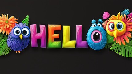 Poster - Hello is written in a colorful font with a bunch of cartoon animals surrounding it. The animals include a bird, a frog, and a monster. The image has a playful and whimsical mood, with the animals