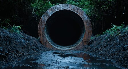 Poster - Mysterious dark tunnel in lush forest landscape