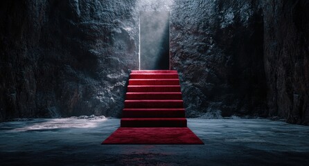 Poster - Mysterious red staircase in dark cave