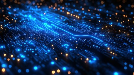 Poster - Abstract digital circuit board with glowing blue and orange lights