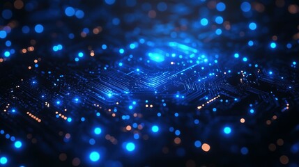 Poster - Abstract Circuit Board with Glowing Blue and Orange Lights