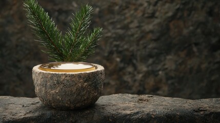 Canvas Print - Festive pine branch in a stone bowl on a rocky surface