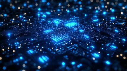 Poster - Blue Illuminated Circuit Board with Glowing Connectors