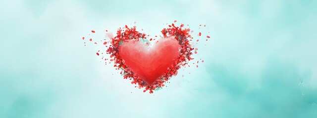 Poster -  A red heart encircled by tiny red blooms against a light blue backdrop; background features a blue sky