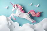 Handcrafted paper unicorn model in three dimensions, featuring pink body, white head, Rainbow mane and tail depicted leaping over white clouds. Generative Ai