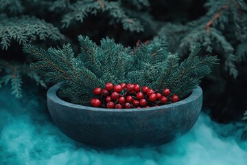 Canvas Print - festive holiday wreath with red berries and pine branches