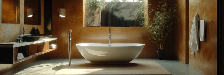 Wall Mural - This contemporary bathroom showcases a freestanding bathtub, elegant fixtures, and warm wood accents, creating a serene oasis filled with natural light