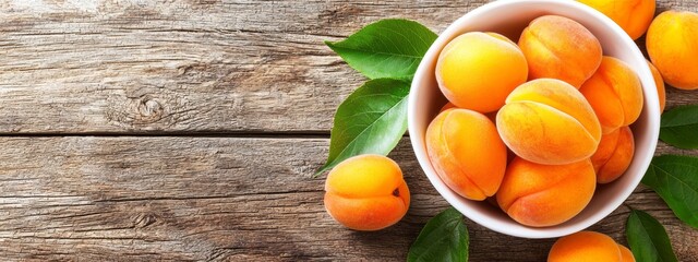 Wall Mural -  A white bowl holds ripe apricots atop a weathered wooden table, adorned with verdant green leaves