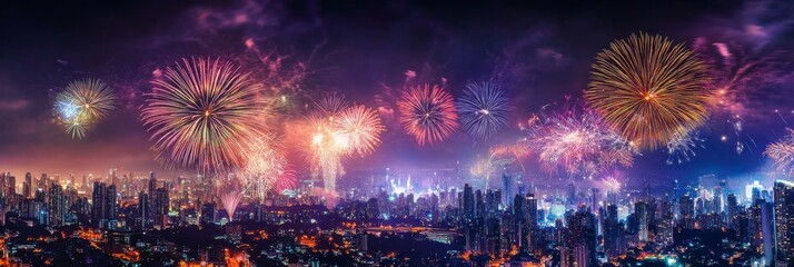 Wall Mural - A dazzling display of colorful fireworks lights up the city skyline, illuminating the night with vibrant hues and providing a captivating view for all