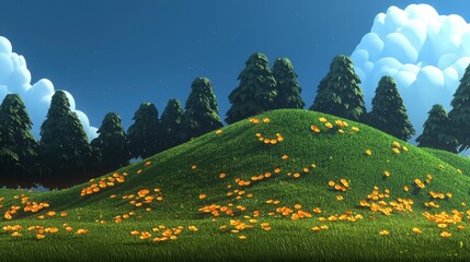 Sticker - Cartoon Landscape with Green Hill and Yellow Flowers