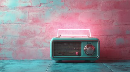 Poster - Retro Radio with Neon Light in Front of Pink Wall