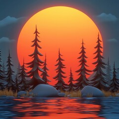 Wall Mural - Sunset over a Forest Lake