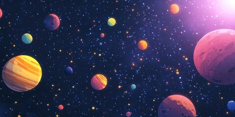 Aufkleber - 2D illustration featuring a 3D cartoon rendering set against an empty interstellar space background Bright stars twinkle alongside planets moons and comets creating various imaginative science fic