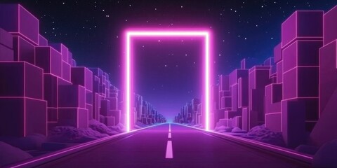 3D abstract neon background featuring a glowing rectangular portal in a virtual reality setting with a road surrounded by block walls beneath a night sky rendered in cartoon style