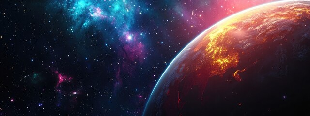 Wall Mural - 3D cartoon depiction of a sunrise illuminating the dark Earth set against a backdrop of deep space filled with vibrant stars and nebulas