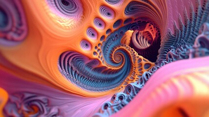 Poster - Abstract fractal patterns and shapes in a 3D cartoon rendering Mysterious psychedelic relaxation pattern with dynamic flowing natural forms Sacred geometry featuring mystical spirals Vibrant color