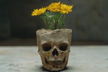 Poster - Skull vase with yellow flowers