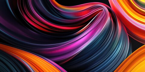 Leinwandbilder - Colored abstract round curves and lines on a black background in a 3D cartoon rendering