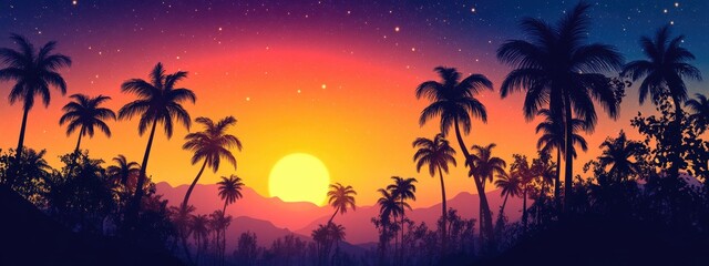 Silhouette of palm trees against a sunset and starry sky in 3D cartoon style