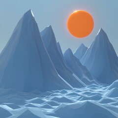 Poster - Low Poly Mountain Range with a Big Orange Sun