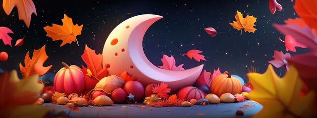 Poster - Illustration of a Moon sign in a 3D cartoon style A vibrant autumn themed collection of icons