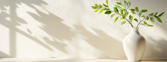 Sticker -  A white vase, holding a plant, is placed on a table Its shadow extends onto the wall behind