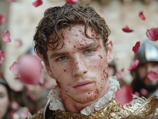 Poster - portrait of a young man with curly hair and freckles surrounded by rose petals