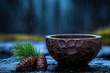 Sticker - Rustic wooden bowl in rainy forest scene